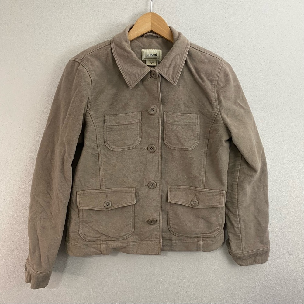 LL Bean Beige Chambray Button Down Cotton Jacket Women’s Size Small